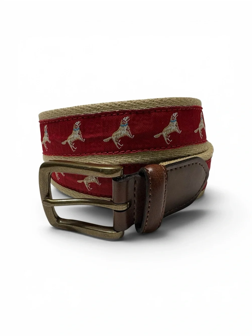 Vineyard Vines Red Woven Belt with Dog Motif and Brown Leather Trim